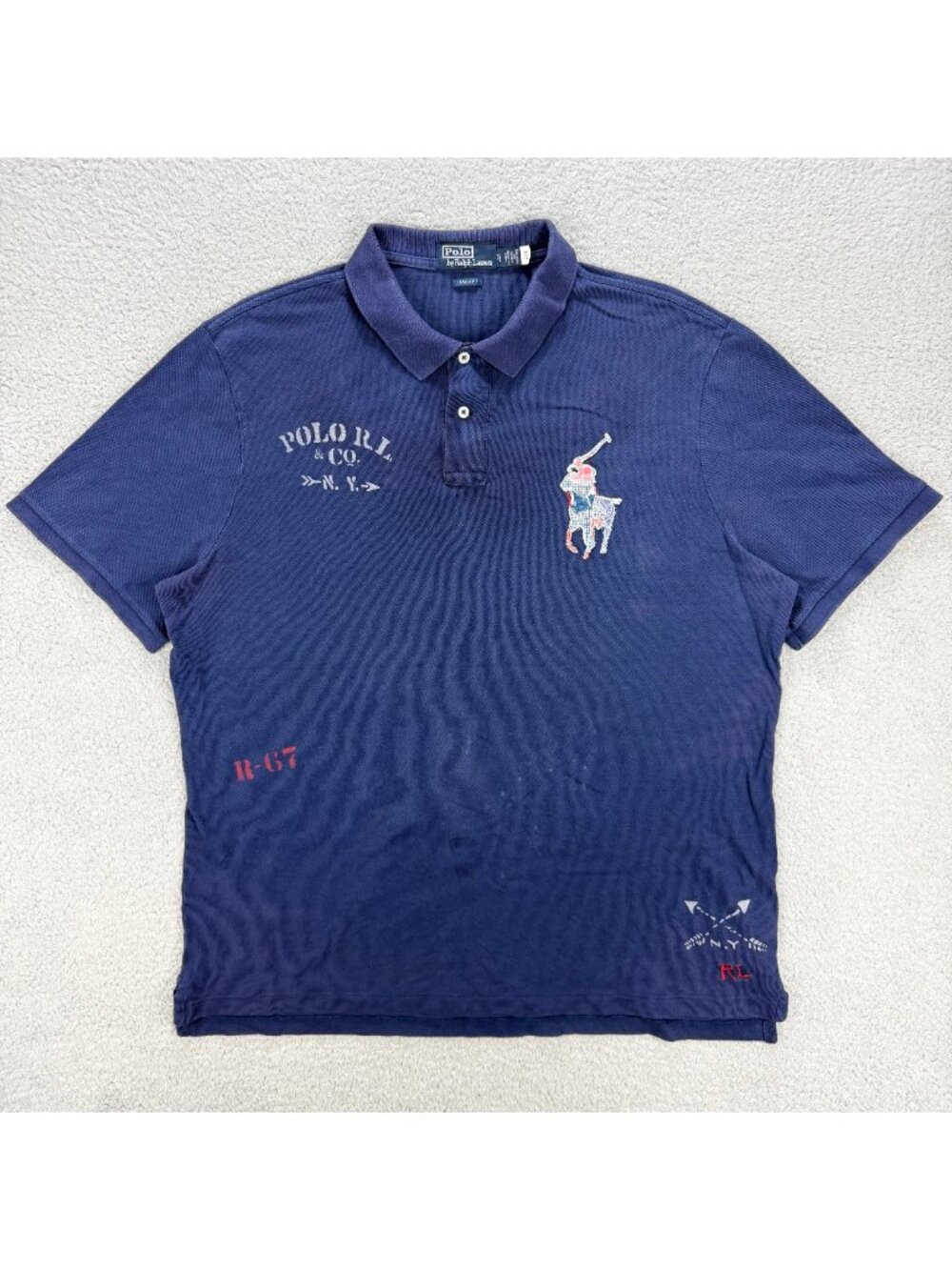 Polo Ralph Lauren Shirt Mens Extra Large Navy Blue Patchwork Big Pony 67 Golf